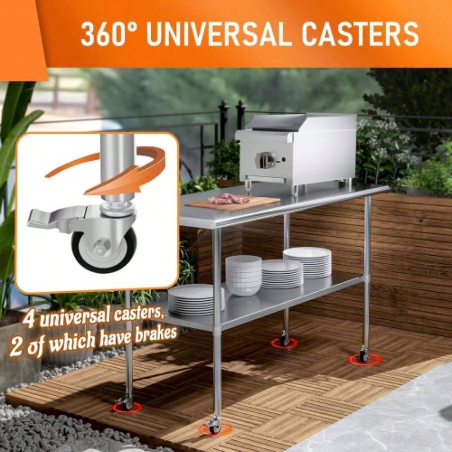 Stainless Steel Table 24x 60 Inches Metal Prep Table with wheels Adjustable Undershelf, Stainless Table Commercial Kitchen, Outdoor, Restaurant, Hotel Garage