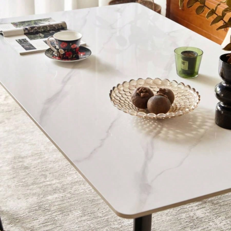 Dining Table Table 55 Rectangular White Kitchen Table with Porcelain Table Top and Metal, Dining Room Table 4, Mid Dinner Table Living Room and Office, Table Only