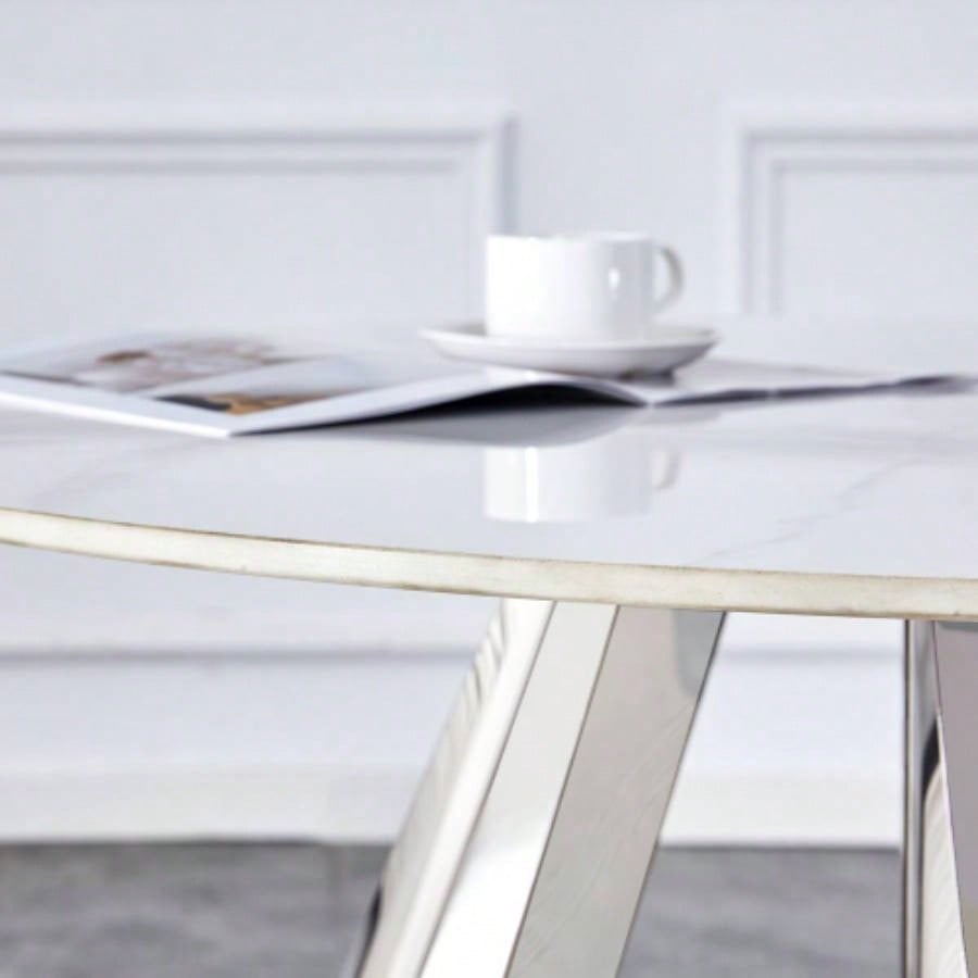 42 Luxury Sintered Stone Table: 0.45 Durable Top+ 6 Steel, 350lb Capacity, Stain/Heat - Resistant White/Gray Veined Surface - Modern Minimalist Design - W1512S00110