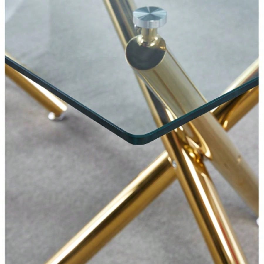 Rectangular Tempered Glass Dining Table with Double Stainless Steel Base, Modern Dining Room Interior Design, 6 People