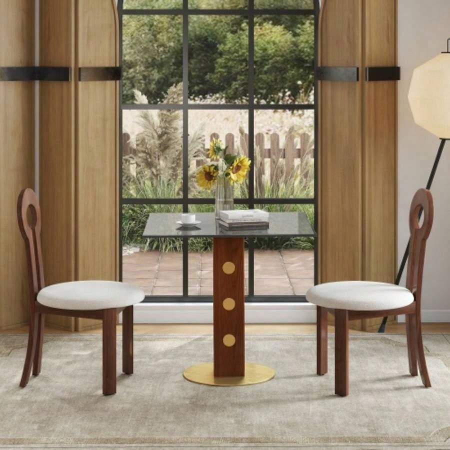 Modern Square Dining Table, 33.5 Sintered Stone Table with Wooden Leg Gold Base, 2 - Person Kitchen Table Small Space, 150lbs Weight Capacity