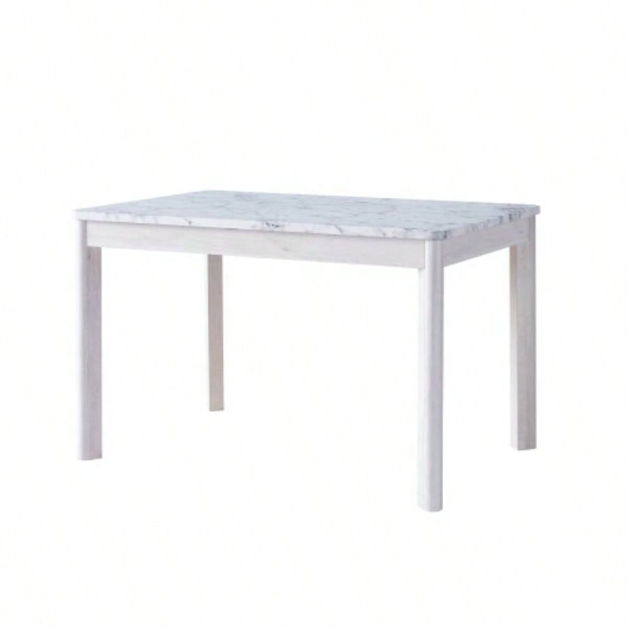 Faux marble white dining table top Four rounded leg posts Rounded table corners White Oak leg color