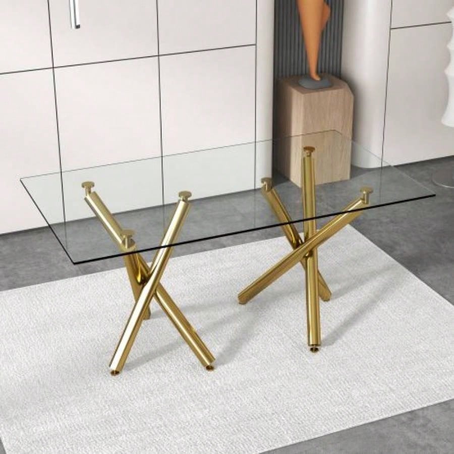 Large Modern Minimalist Rectangular Glass Dining Table 6 - 8 with 0.39Tempered Glass Tabletop and Golden Metal, Kitchen Dining Living Meeting Room Banquet hall, 71x 35.4x 30W1151S00798