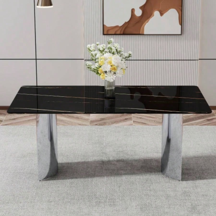 Modern minimalist dining table. black imitation marble glass desktop is equipped with silver metal. Suitable restaurants and living rooms 71 * 39.3 * 29.5 DT - 69