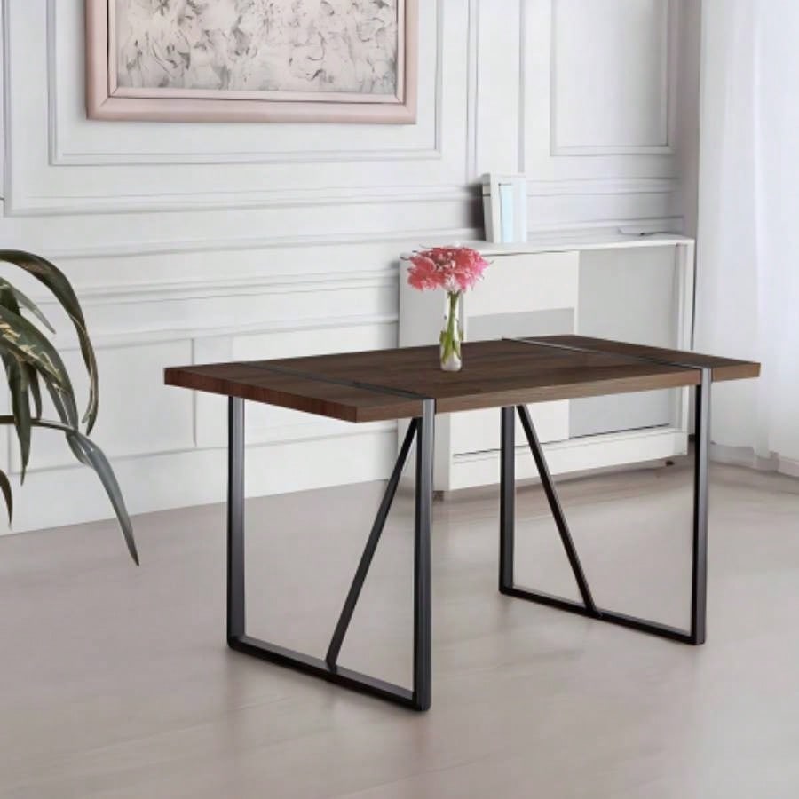 55 Dining Table modern rustic Industrial Rectangular MDF Walnut color 4 - 6 Person, With 1.5 Thick Engineered Wood Tabletop and Black Metal, writing DeskKitchen terrace Dining Living Room