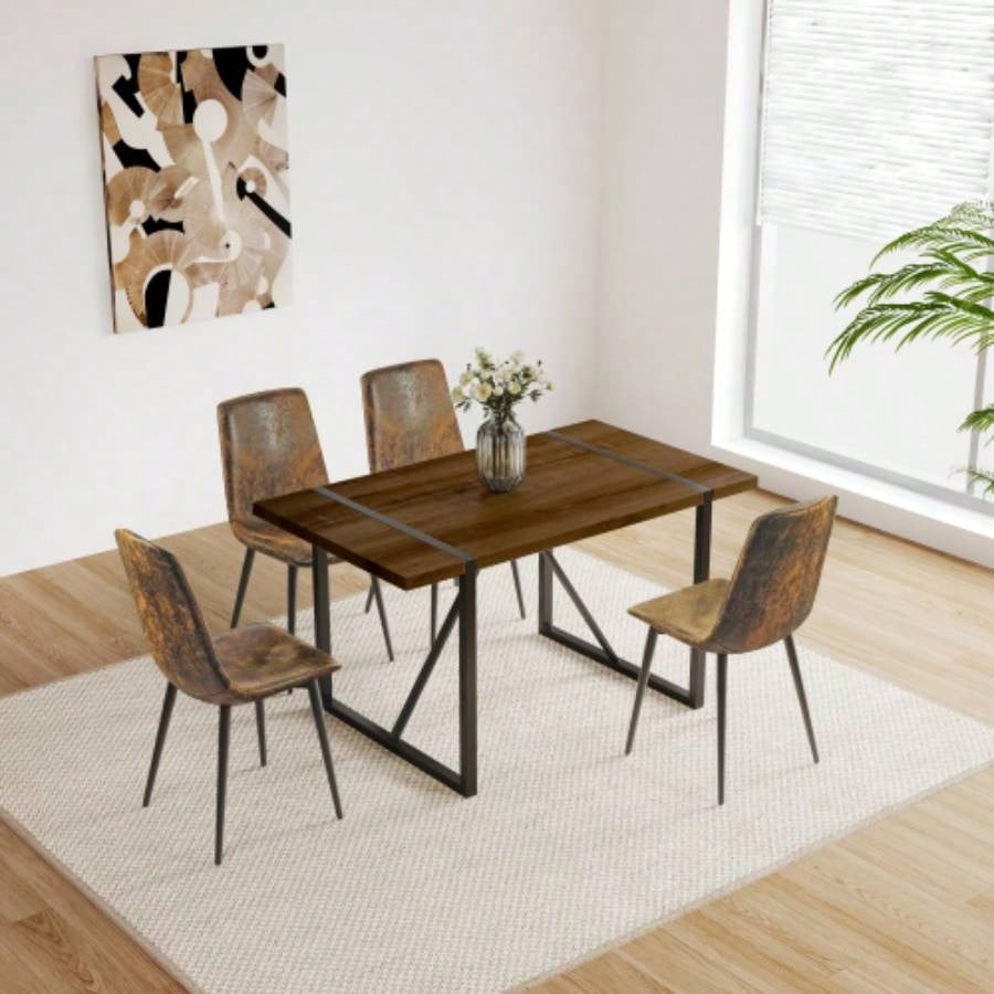 55 Dining Table modern rustic Industrial Rectangular MDF Walnut color 4 - 6 Person, With 1.5 Thick Engineered Wood Tabletop and Black Metal, writing DeskKitchen terrace Dining Living Room