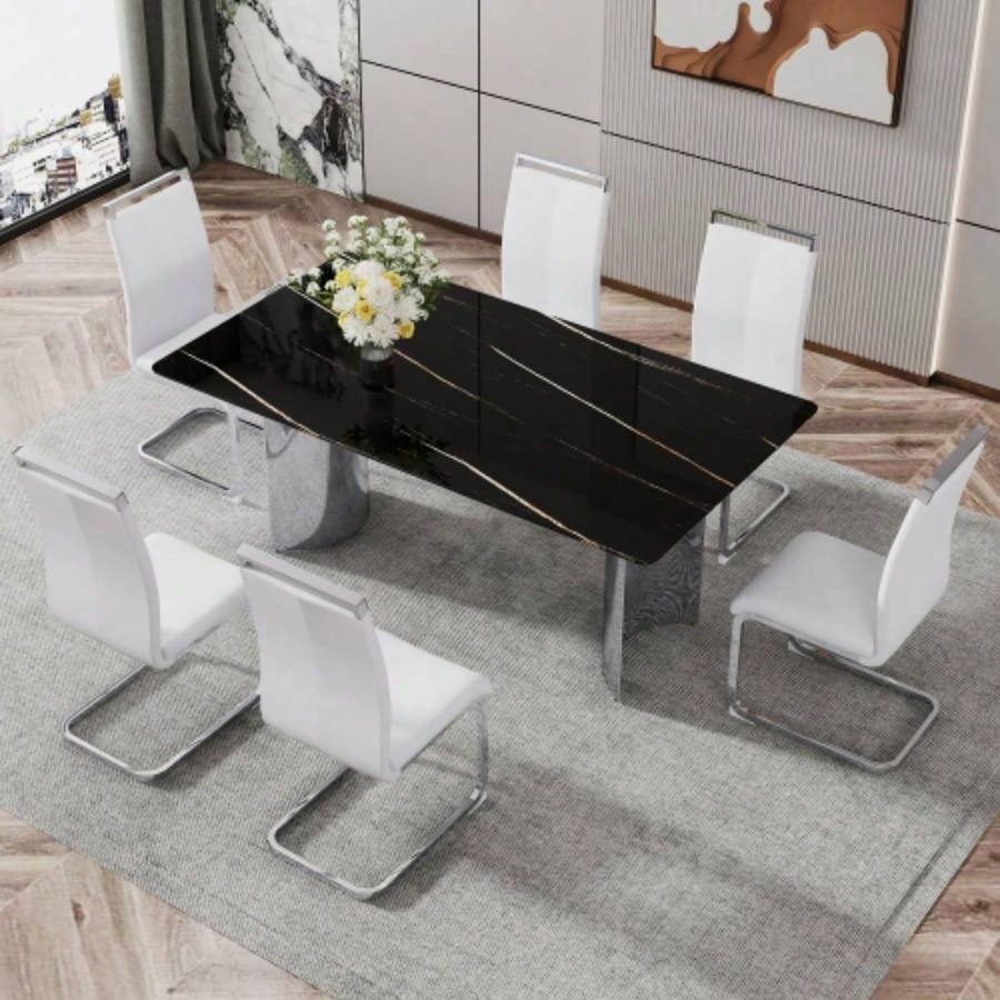 Modern minimalist dining table. black imitation marble glass desktop is equipped with silver metal. Suitable restaurants and living rooms 71 * 39.3 * 29.5 DT - 69