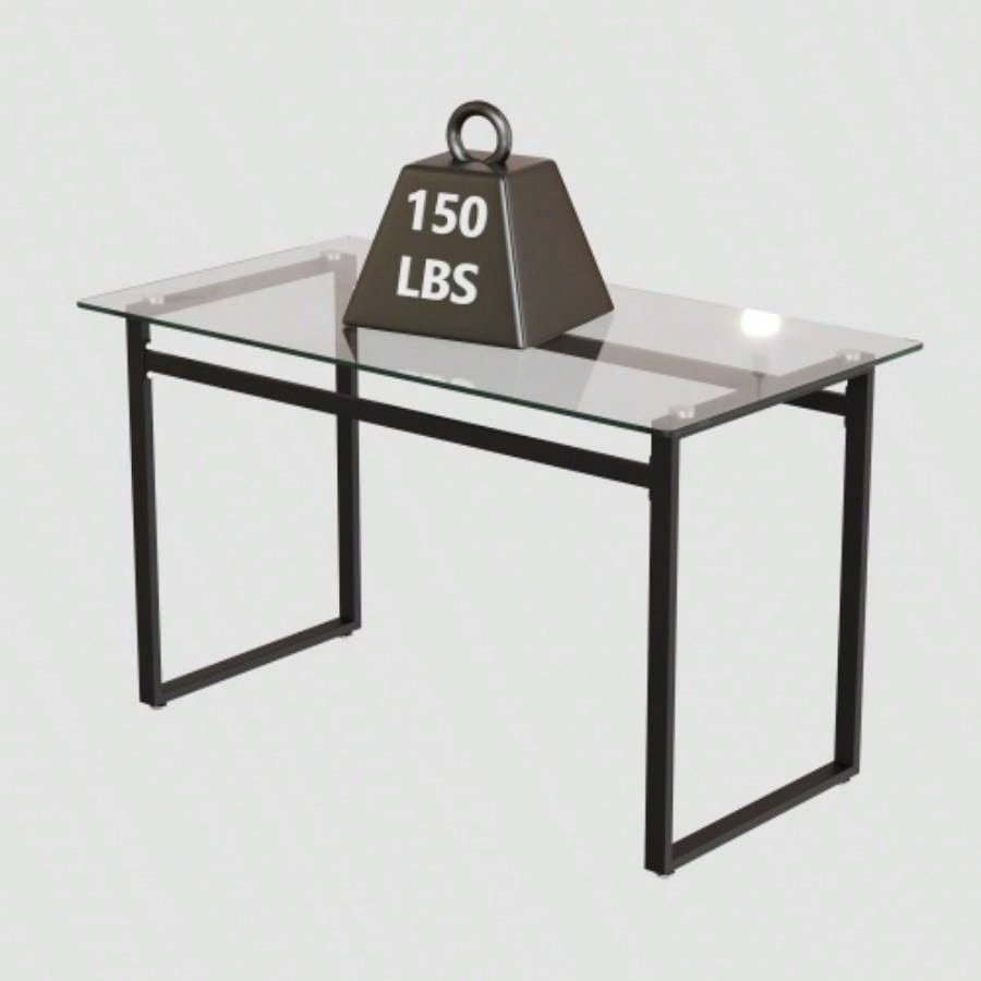 51 Modern Minimalist Rectangular Glass Dining Table 4 - 6 with 0.31 Tempered Glass Tabletop and Black Metal, Writing Table Desk, Kitchen Dining Living Room 0 damage