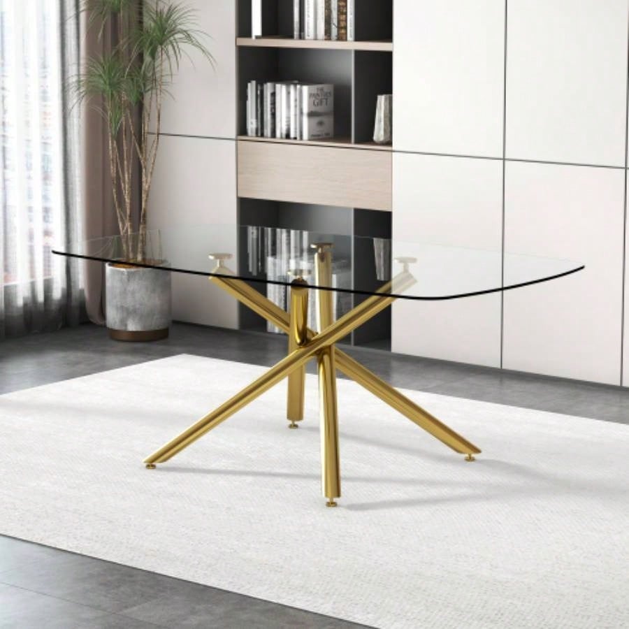 Large Modern Minimalist Rectangular Glass Dining Table with 0.39 Tempered Glass Top and Gilded Metal Kitchen, Dining Room, Living Room, Meeting Room, Ballroom 71x 35.4x 30