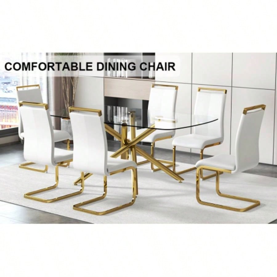 Large Modern Minimalist Rectangular Glass Dining Table with 0.39 Tempered Glass Top and Gilded Metal Kitchen, Dining Room, Living Room, Meeting Room, Ballroom 71x 35.4x 30