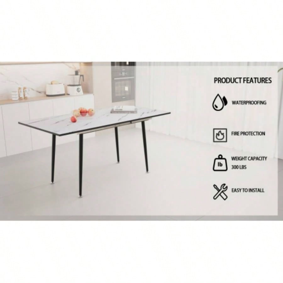 47 expandable to 63 inch MDF square white marble patterned dining table, modern industrial kitchen and dining table, equipped with tapered black metal