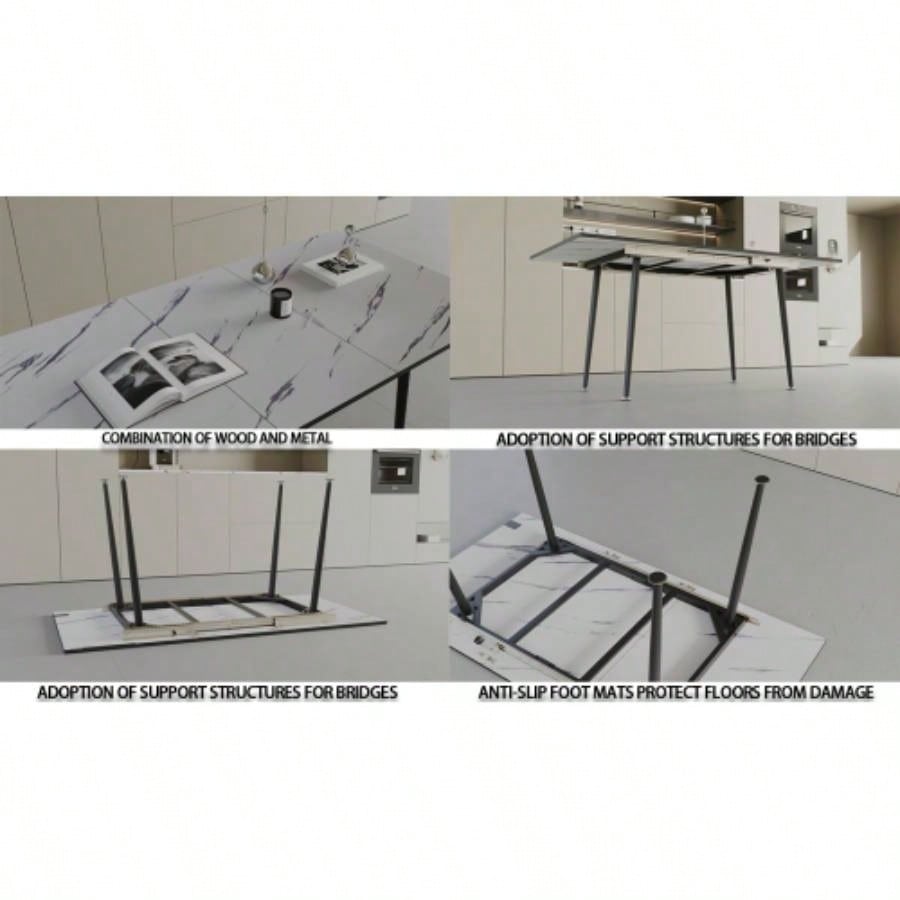 47 expandable to 63 inch MDF square white marble patterned dining table, modern industrial kitchen and dining table, equipped with tapered black metal