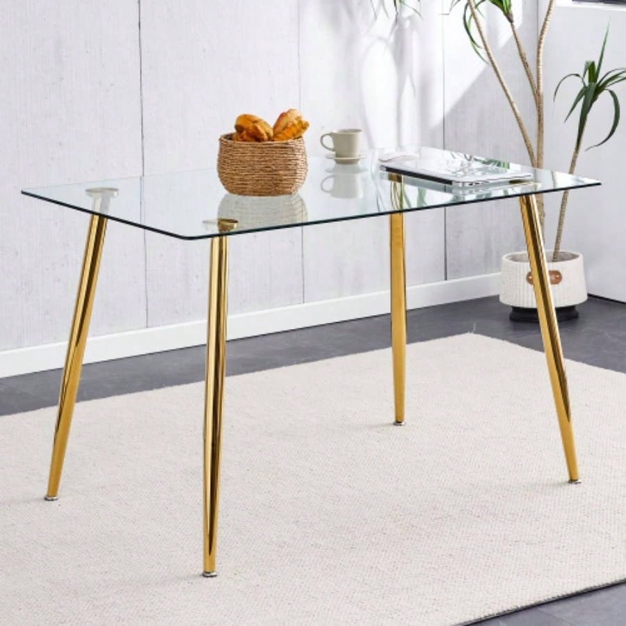 Modern Minimalist Rectangular Glass Dining Table 4 - 6 with 0.31 Tempered Glass Tabletop and Silver plating Metal, Kitchen Dining Living Room, 51 *31 30W1151S03177/W1151S03348