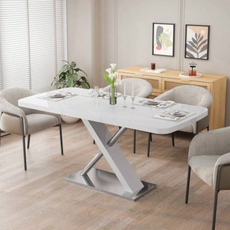 47.25 - 63 Dining Table, Wood Color, Seating 4 - 6 People, Retractable Table, Metal Base and Stainless Steel TubingNatural