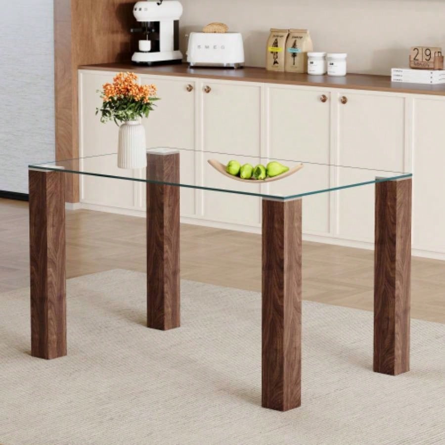 A 49.6 * 30 Inch Transparent Tempered Glass Dining Table With Rectangular Walnut Color MDF Wood Grain, Combining Simplicity And Quality. Can Easily Blend Into Various Decoration Styles.