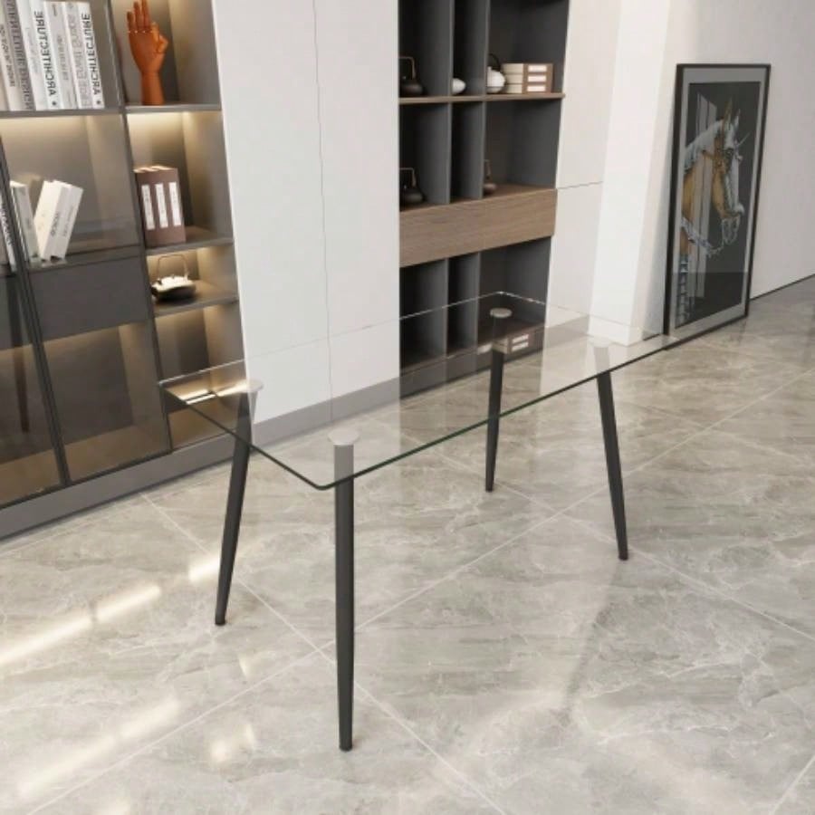 51 Dining Table Modern Minimalist Rectangular Glass 4 - 6 with 0.31 Tempered Glass Tabletop and Black Metal, Writing Table Desk, Kitchen Dining Living Room 0 damage