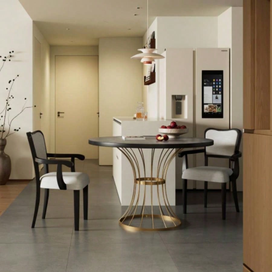 Oak Veneer 42 Round Dining Table - Solid Wood - Look Top, Heavy - Duty Wrought - Iron Pedestal Base, Compact Kitchen Breakfast - Nook Furniture, Rustic - Modern Style