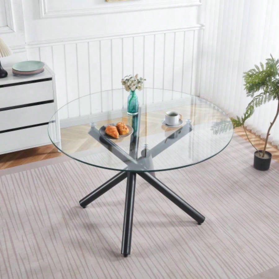 Round Dining Table with walnut color metal leg and tempered glass, Modern Space Saving Kitchen Table Living Room