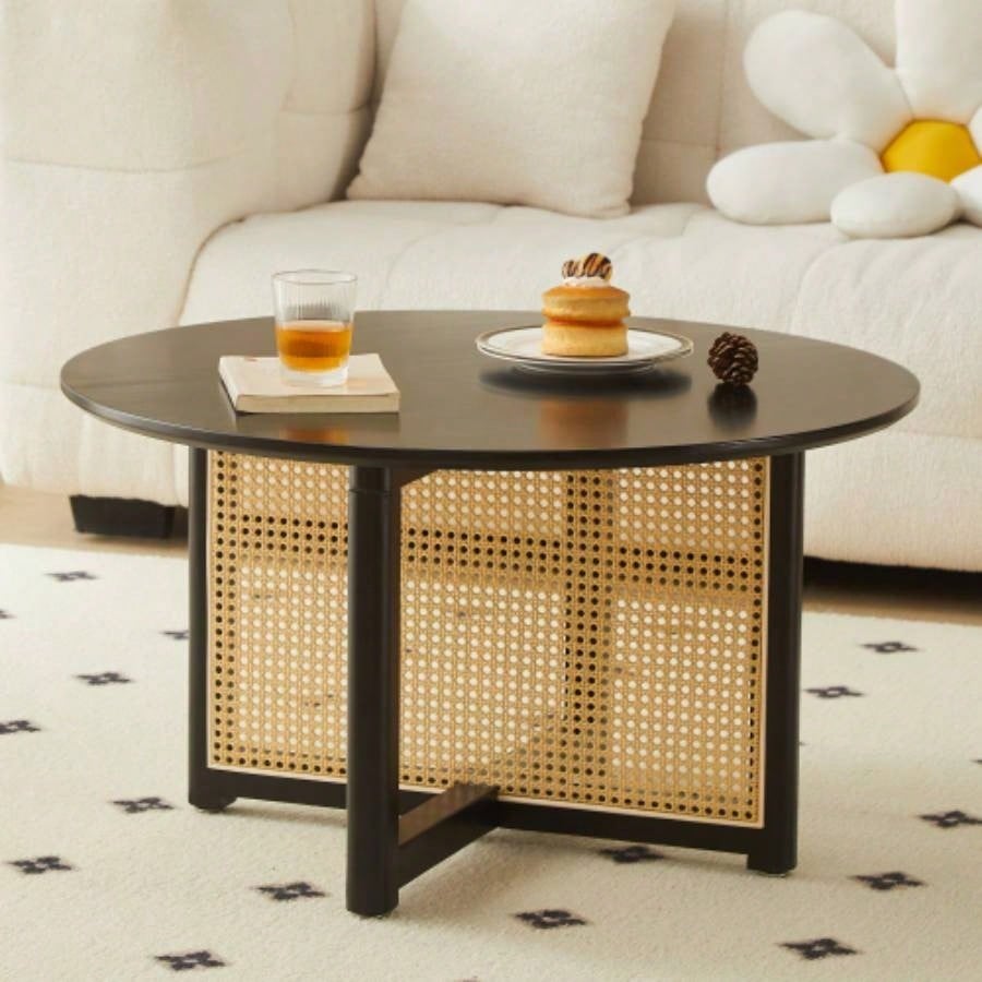 Mid - wooden coffee table with PE cane stand, 31.5 - inch round solid wood Bohemian style coffee table, unique central cocktail table living rooms, apartments and offices