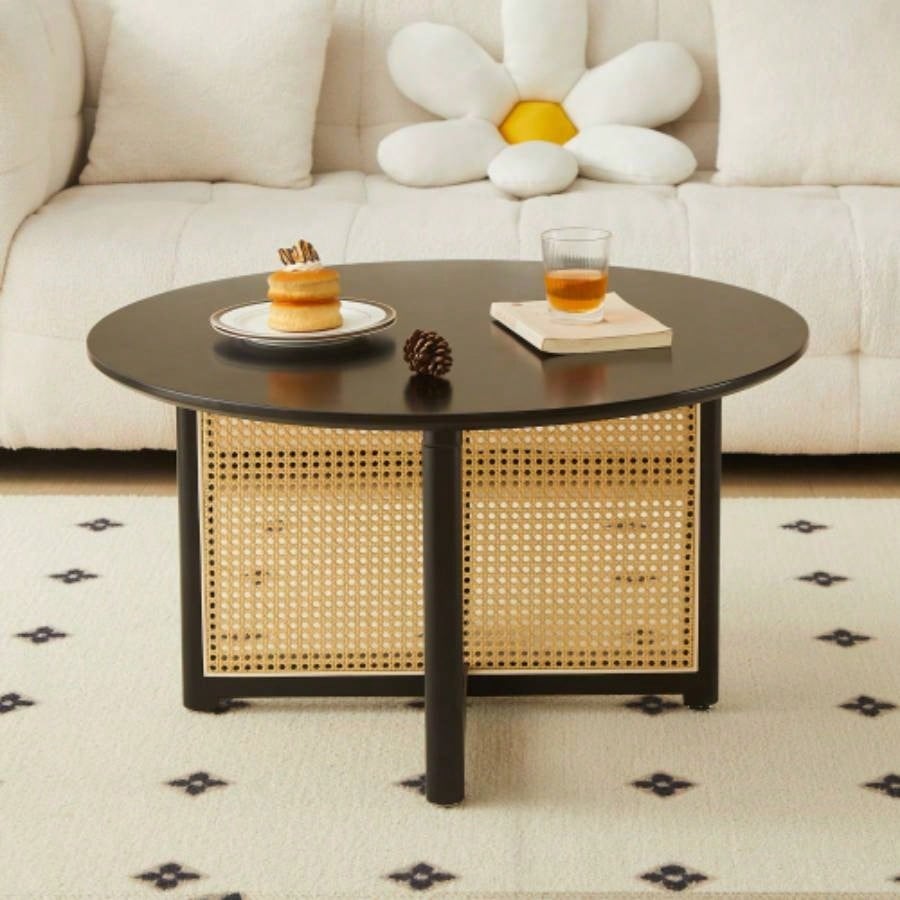 Mid - wooden coffee table with PE cane stand, 31.5 - inch round solid wood Bohemian style coffee table, unique central cocktail table living rooms, apartments and offices