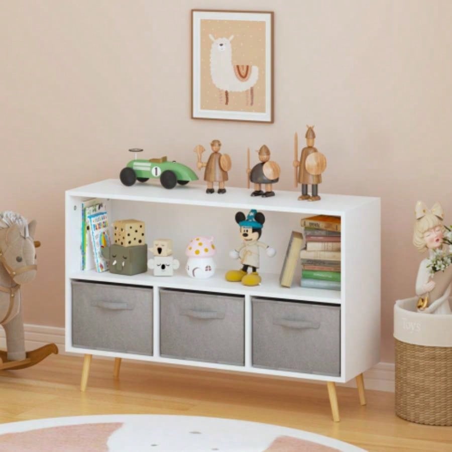 Kids bookcase with Collapsible Fabric Drawers, Childrens Book Display, Toy Storage Cabinet Organizer, White/Gray