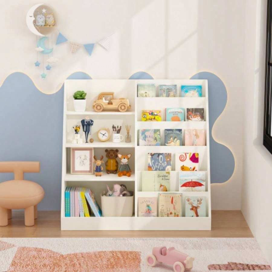Kids Bookshelf and Toy Storage Organizer, Multifunctional 4 Tier Wooden Kids Book Shelf with Bookcase Display Stand in Kids Room Playroom Nursery Kids, Children, Toddlers White