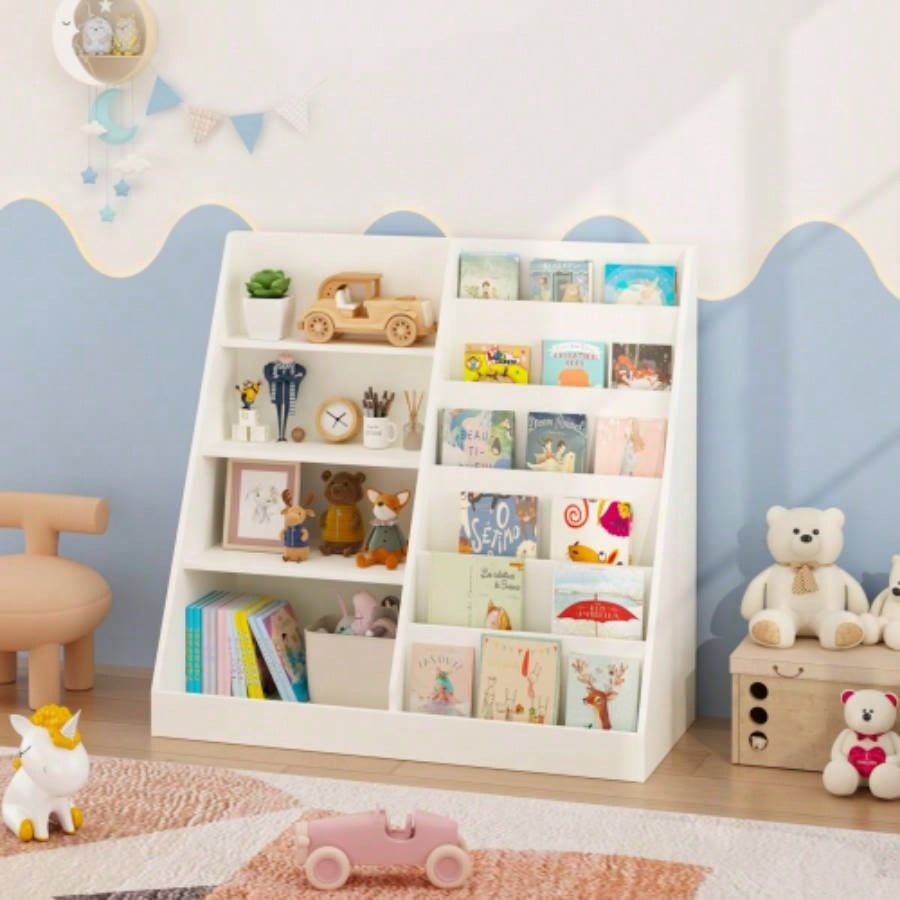 Kids Bookshelf and Toy Storage Organizer, Multifunctional 4 Tier Wooden Kids Book Shelf with Bookcase Display Stand in Kids Room Playroom Nursery Kids, Children, Toddlers White