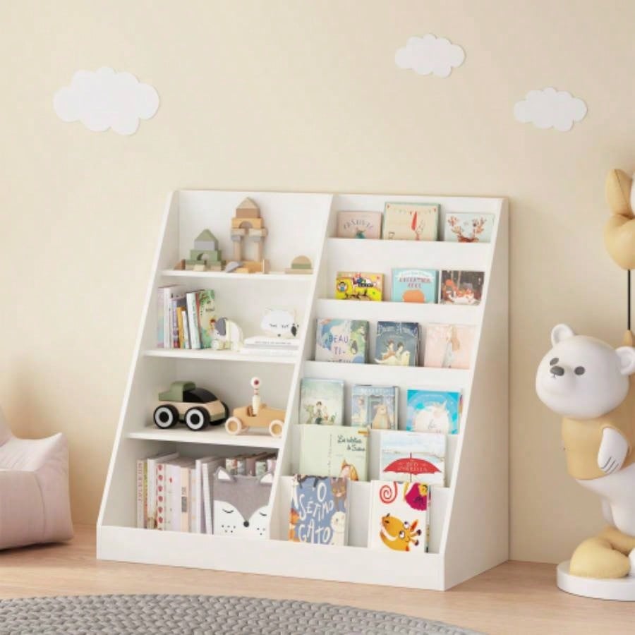 Kids Bookshelf and Toy Storage Organizer, Multifunctional 4 Tier Wooden Kids Book Shelf with Bookcase Display Stand in Kids Room Playroom Nursery Kids, Children, Toddlers White