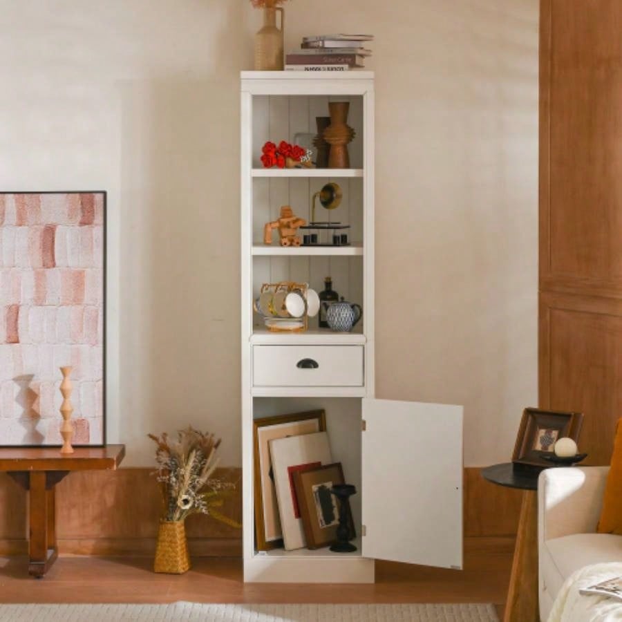 75 Freestanding 5 - Tier Display Book Shelf with 1 File Drawer, Farmhouse Bookcase with Storage Cabinet, Modern Wooden Organizer Pantry Hallways Living Room, Kitchen, Home, Office - White