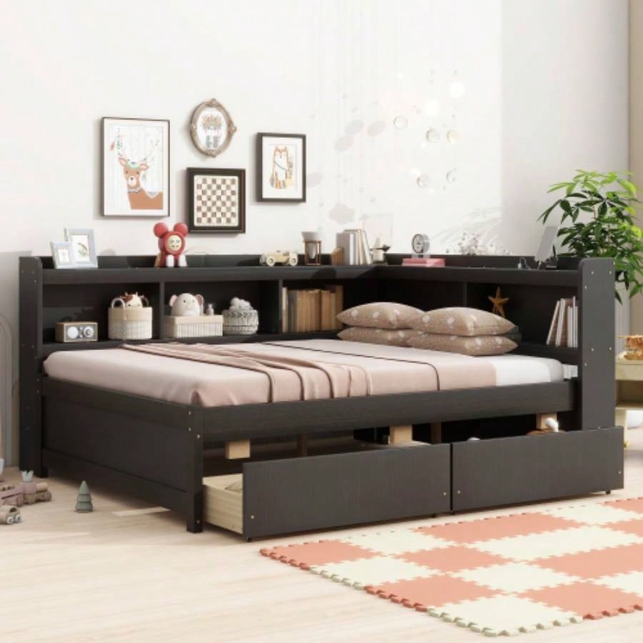 Full Size L - shaped Bookcases Bed with Power Outlets, USB Charging Ports, Two Drawers, Espresso