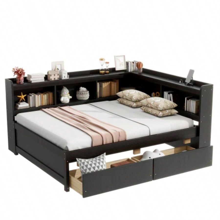 Full Size L - shaped Bookcases Bed with Power Outlets, USB Charging Ports, Two Drawers, Espresso
