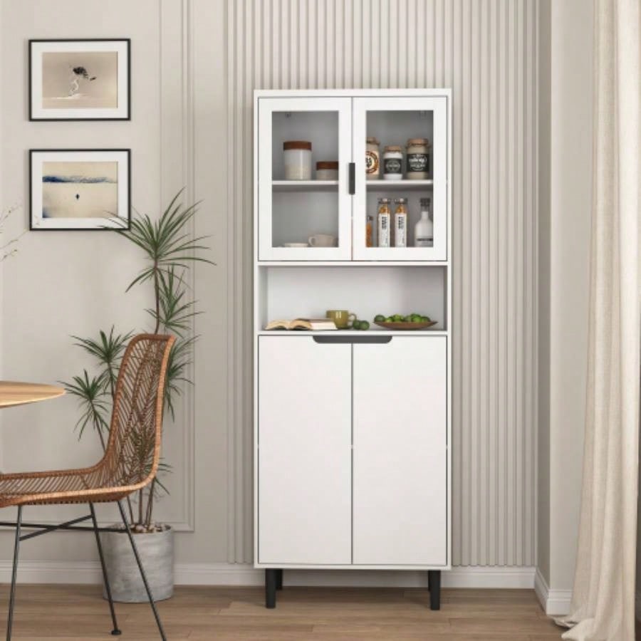 Tempered Glass Door Tall Storage Bookcase with adjustable board, 4 doors MDF painting finished cabinet, White, Living room Bedroom storage