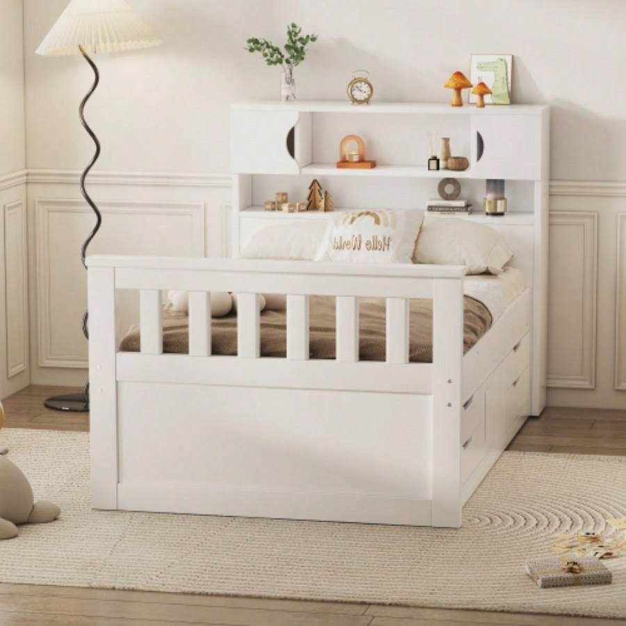Twin Size Captain Platform Bed Frame with Storage Bookcases and Shelves, Four Drawers, White