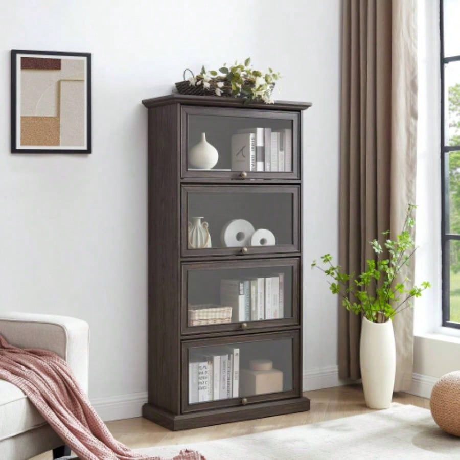 Glass display cabinet 4 Tier Glass Display Cabinet Storage Curio Cabinet with Flip up Glass Doors, Collectors Showcase Toy Figure Organizers Rack, Bookcase Living Room BRO