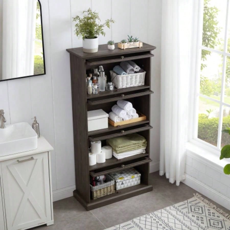 Glass display cabinet 4 Tier Glass Display Cabinet Storage Curio Cabinet with Flip up Glass Doors, Collectors Showcase Toy Figure Organizers Rack, Bookcase Living Room BRO