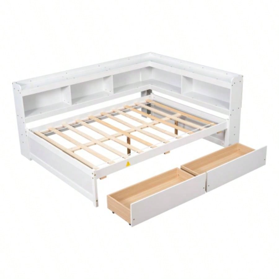 Full Bed with L - shaped Bookcases, Drawers, White