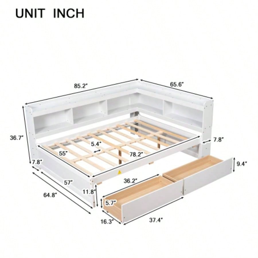 Full Bed with L - shaped Bookcases, Drawers, White