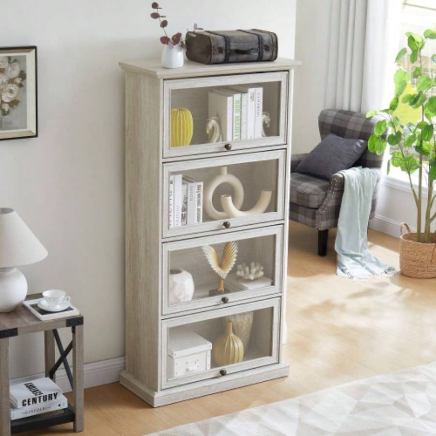 Glass display cabinet 4 Tier Glass Display Cabinet Storage Curio Cabinet with Flip up Glass Doors, Collectors Showcase Toy Figure Organizers Rack, Bookcase Living Room White