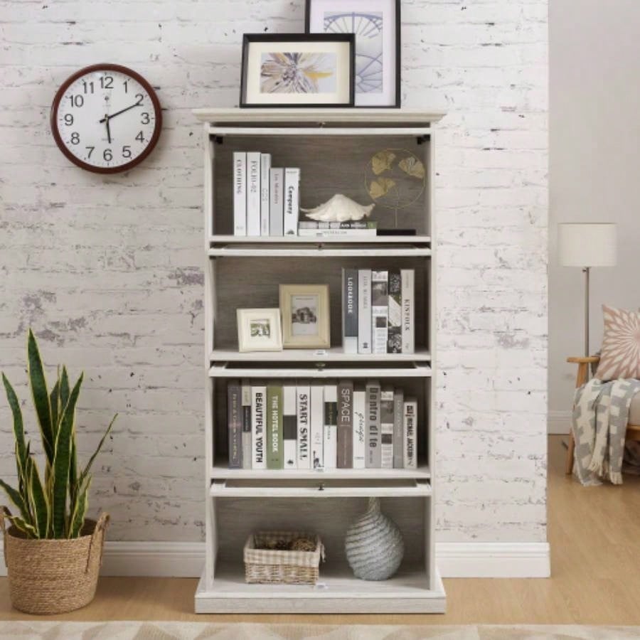 Glass display cabinet 4 Tier Glass Display Cabinet Storage Curio Cabinet with Flip up Glass Doors, Collectors Showcase Toy Figure Organizers Rack, Bookcase Living Room White