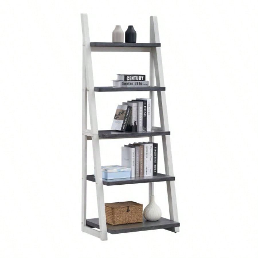 5 - Tier Shelves, Bookshelf, Storage Rack, Bookcase with Rubber Wood Frame, Ladder Shelf Living Room, Home Office, Kitchen, Bedroom, Apartment