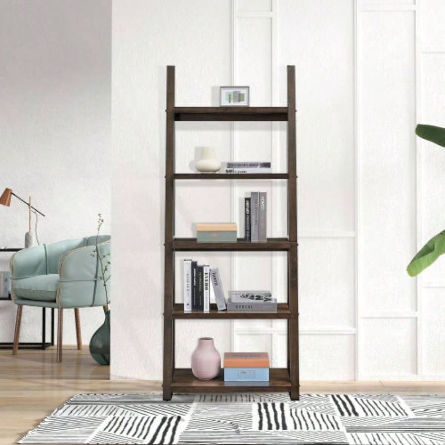 5 - Tier Shelves, Bookshelf, Storage Rack, Bookcase with Rubber Wood Frame, Ladder Shelf Living Room, Home Office, Kitchen, Bedroom, Apartment, Rustic Brown