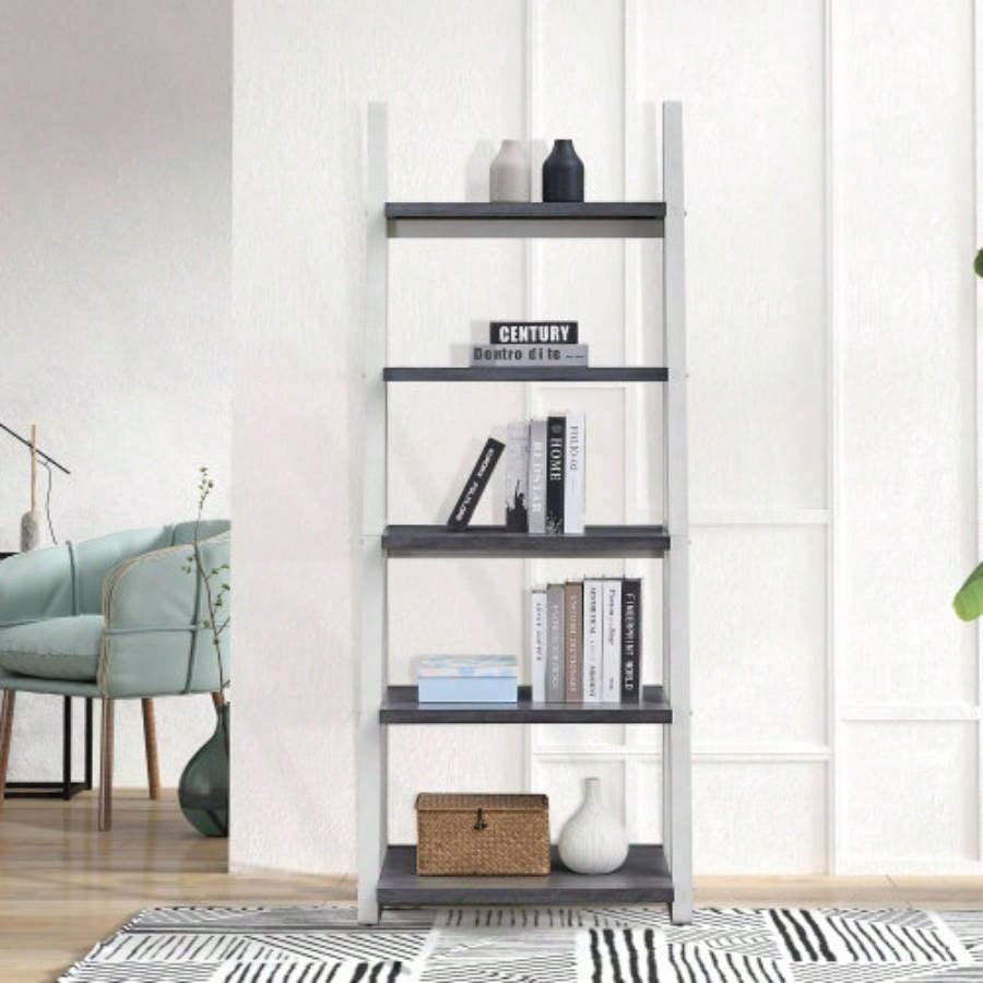 5 - Tier Shelves, Bookshelf, Storage Rack, Bookcase with Rubber Wood Frame, Ladder Shelf Living Room, Home Office, Kitchen, Bedroom, Apartment