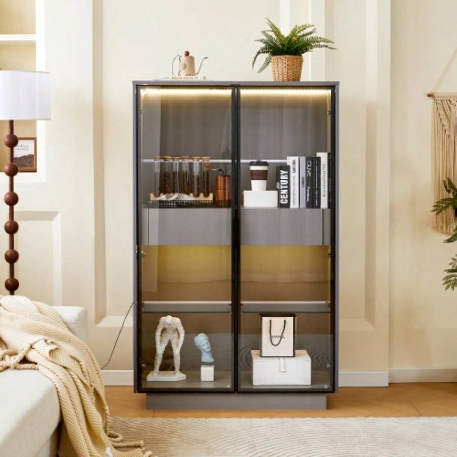 60.6 Freestanding Display Cabinet with 2 Storage Drawers, Pantry with Glass Doors LED Lighting, Modern Bookcase with Adjustable Shelves Hallways, Kitchen, Livingroom Office -