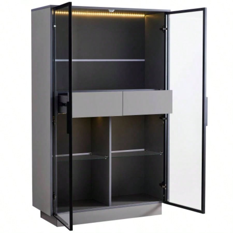 60.6 Freestanding Display Cabinet with 2 Storage Drawers, Pantry with Glass Doors LED Lighting, Modern Bookcase with Adjustable Shelves Hallways, Kitchen, Livingroom Office -