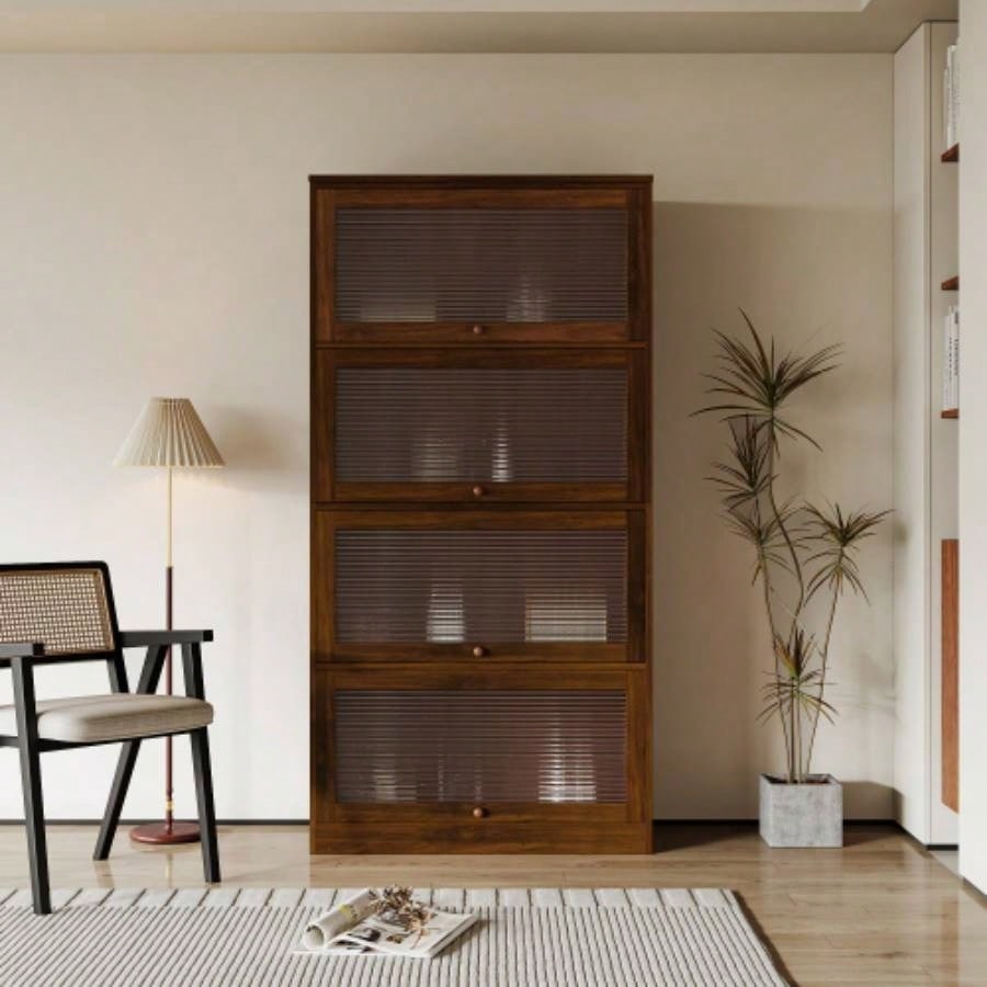 Bookcase Contemporary Closed Back Glass Doors Office Storage Cabinet Floor - to - Ceiling Low Cabinet Bookcase Against Wall Dustproof Bookshelf