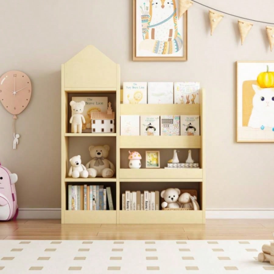 Wood Kids Wooden Bookshelf Toy Storage Organizer with Bookcase, Kids Bin Storage Unit with 6 Compartments 2 Baskets Bins Toys Box Organizer, Children Multi Shelf Cubby Books, Toys Shelf