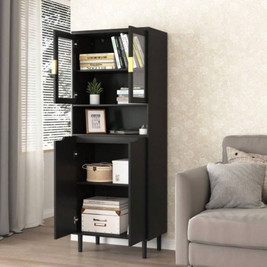Tempered Glass Door Tall Storage Bookcase with adjustable board, 4 doors MDF painting finished cabinet, Black, Living room Bedroom storage