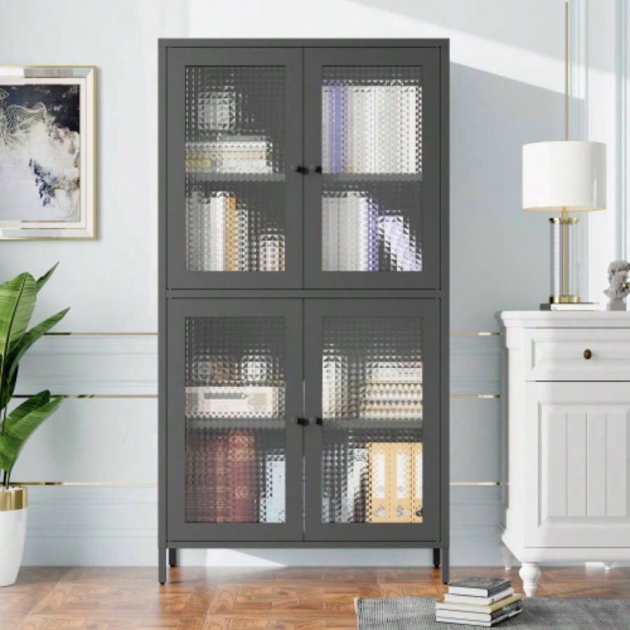 Classic Metal Storage Cabinet Display Cabinet with 4 Glass Doors 4 Shelves Cabinet Bookcase Side Cabinet Home Office Living Room Kitchen Hallway - Black, Waffle Grids Tempered Glass
