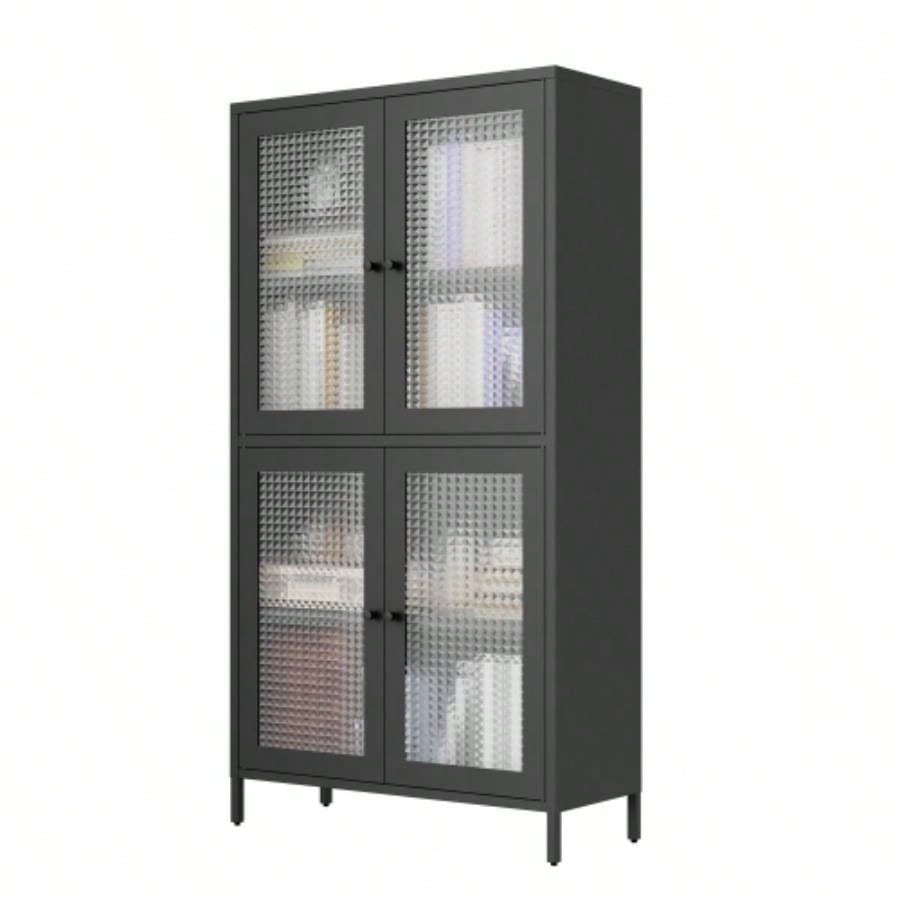 Classic Metal Storage Cabinet Display Cabinet with 4 Glass Doors 4 Shelves Cabinet Bookcase Side Cabinet Home Office Living Room Kitchen Hallway - Black, Waffle Grids Tempered Glass