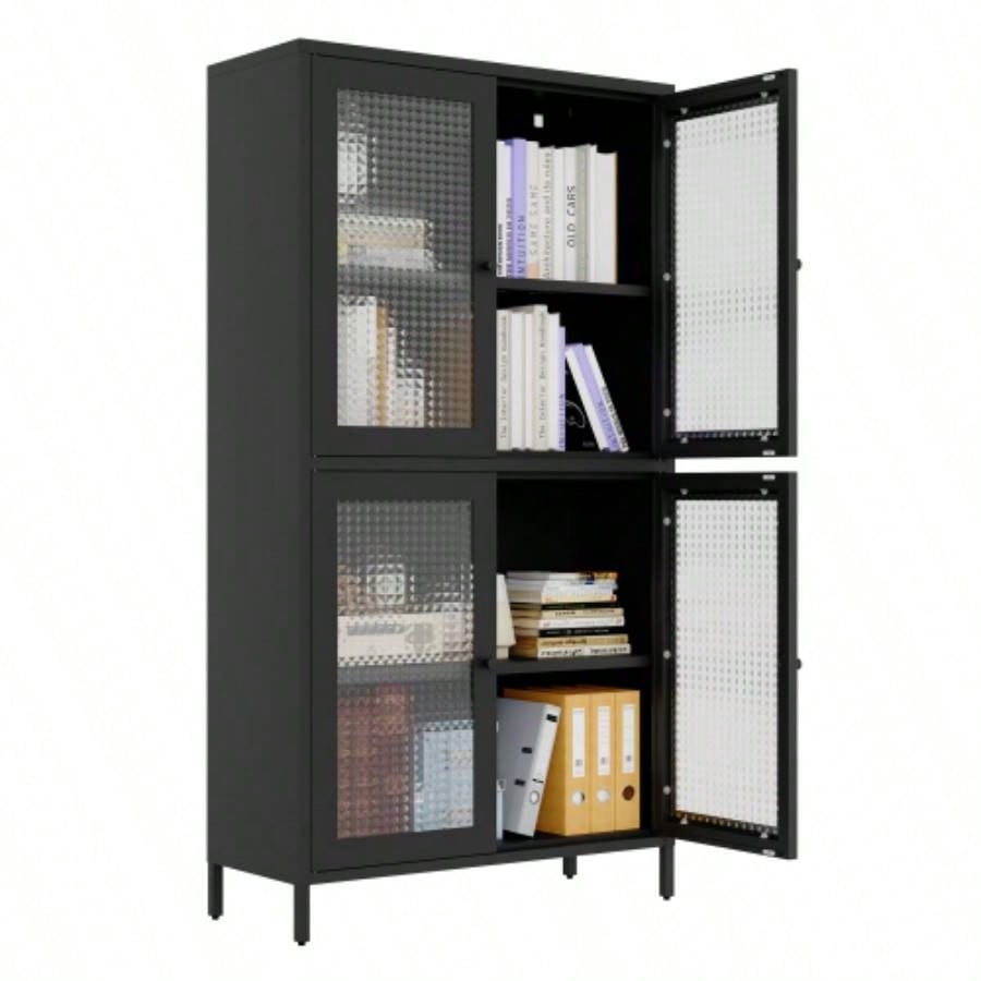 Classic Metal Storage Cabinet Display Cabinet with 4 Glass Doors 4 Shelves Cabinet Bookcase Side Cabinet Home Office Living Room Kitchen Hallway - Black, Waffle Grids Tempered Glass